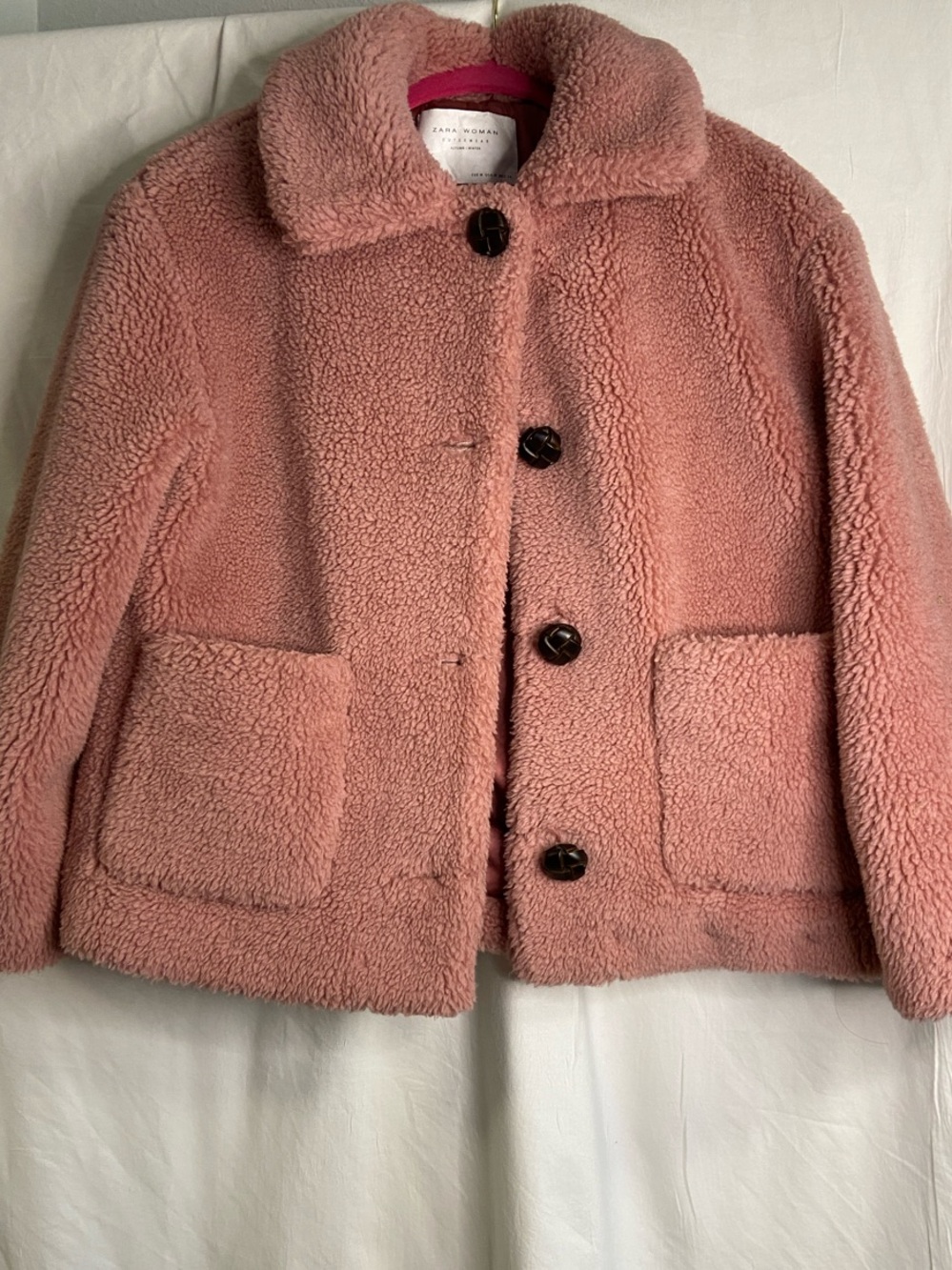 Zara Pink Teddy Coat with Button Front